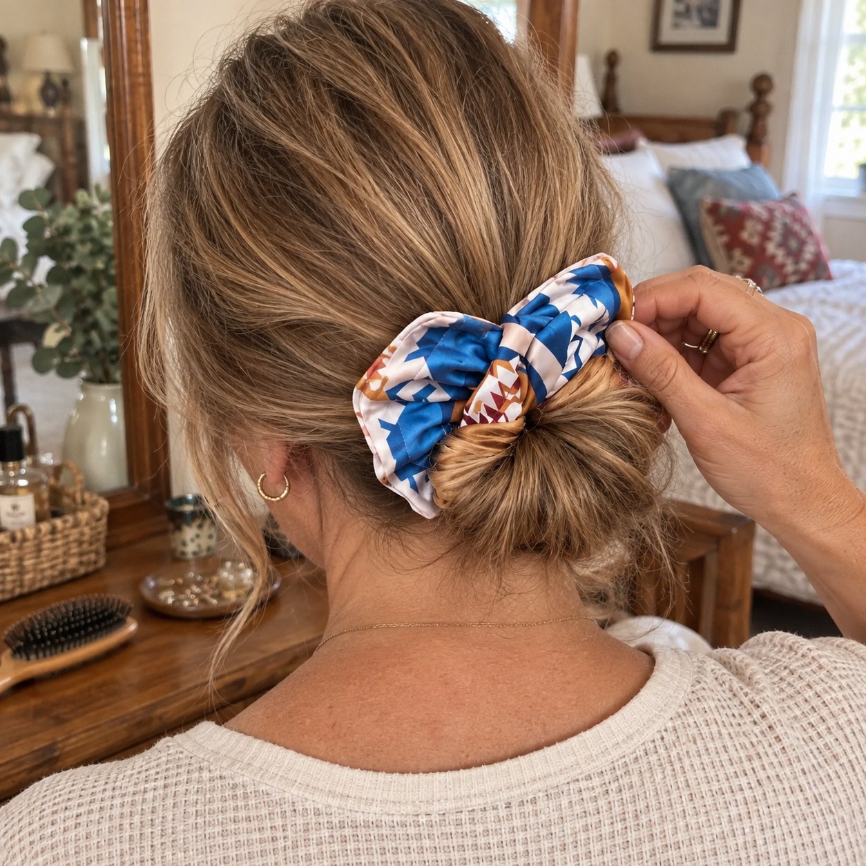 Customer photo showing the Southwest bow being adjusted around a low bun at home