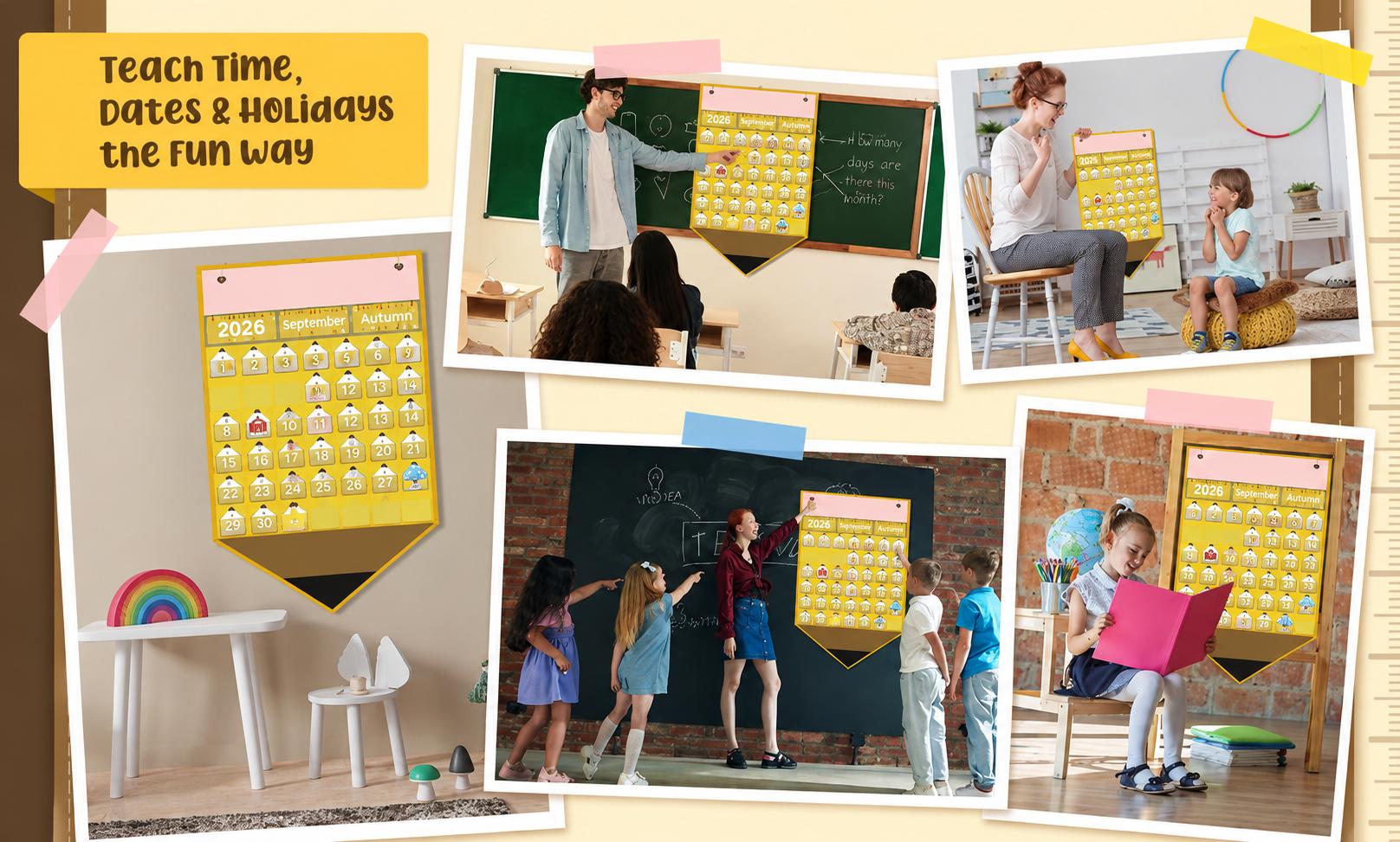 Built-in storage pocket for classroom calendar cards and teaching supplies