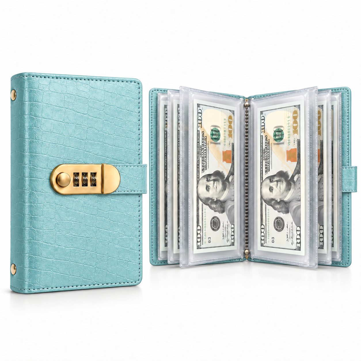 Blue textured lockable cash savings organizer with clear sleeves