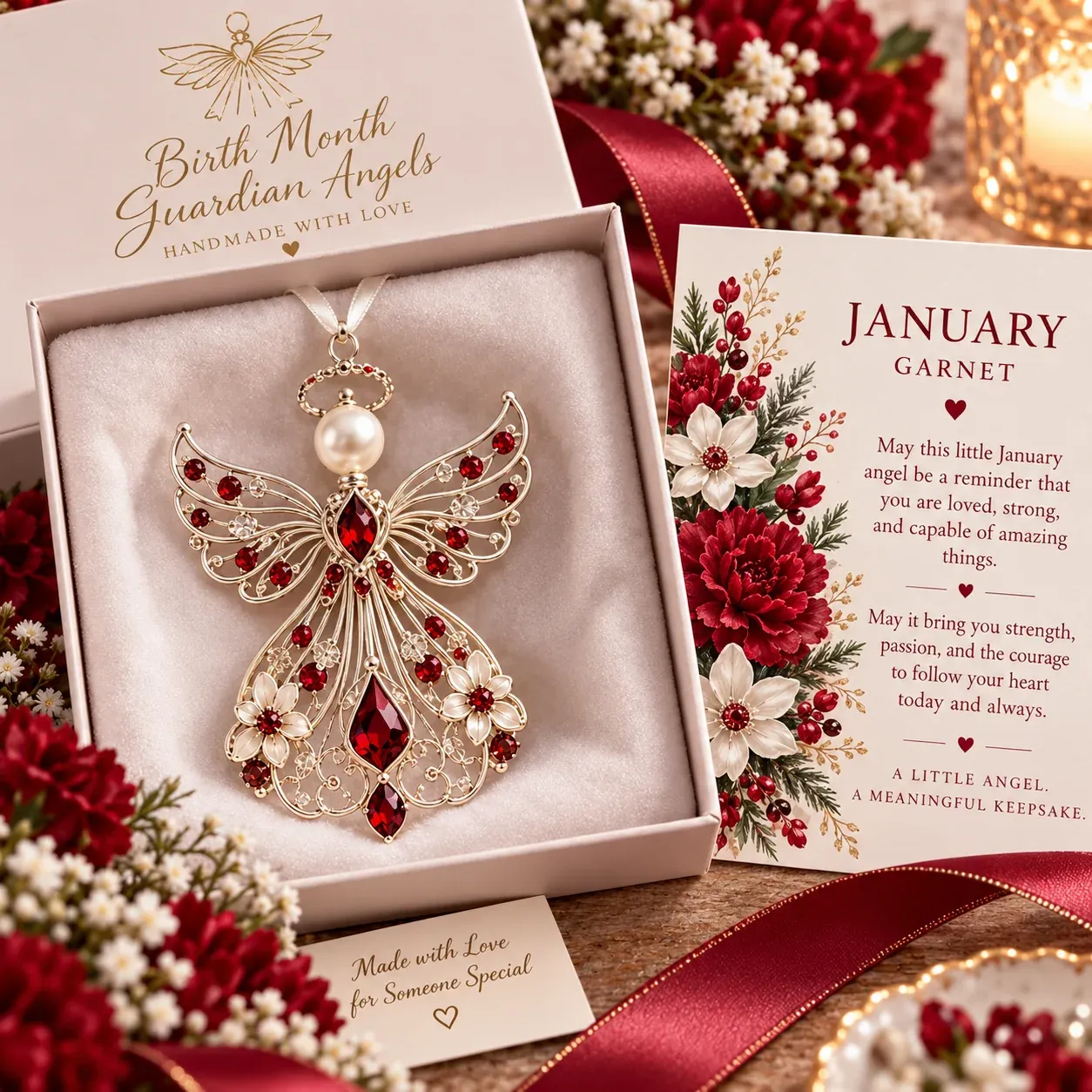 January guardian angel with garnet red-inspired accents