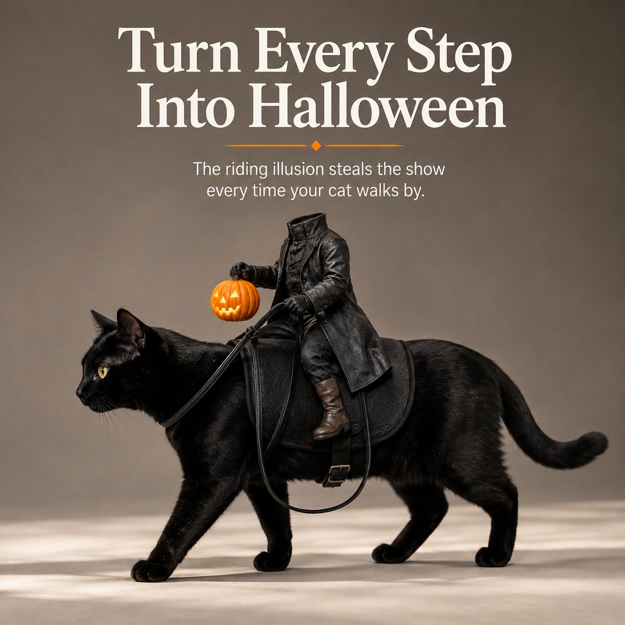 Side profile of a black cat wearing a headless rider costume
