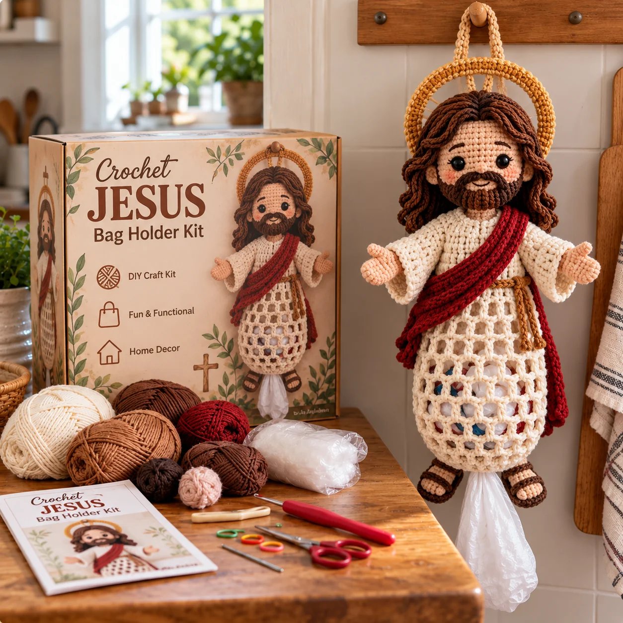 Jesus crochet bag holder kit and completed red-sash character with halo
