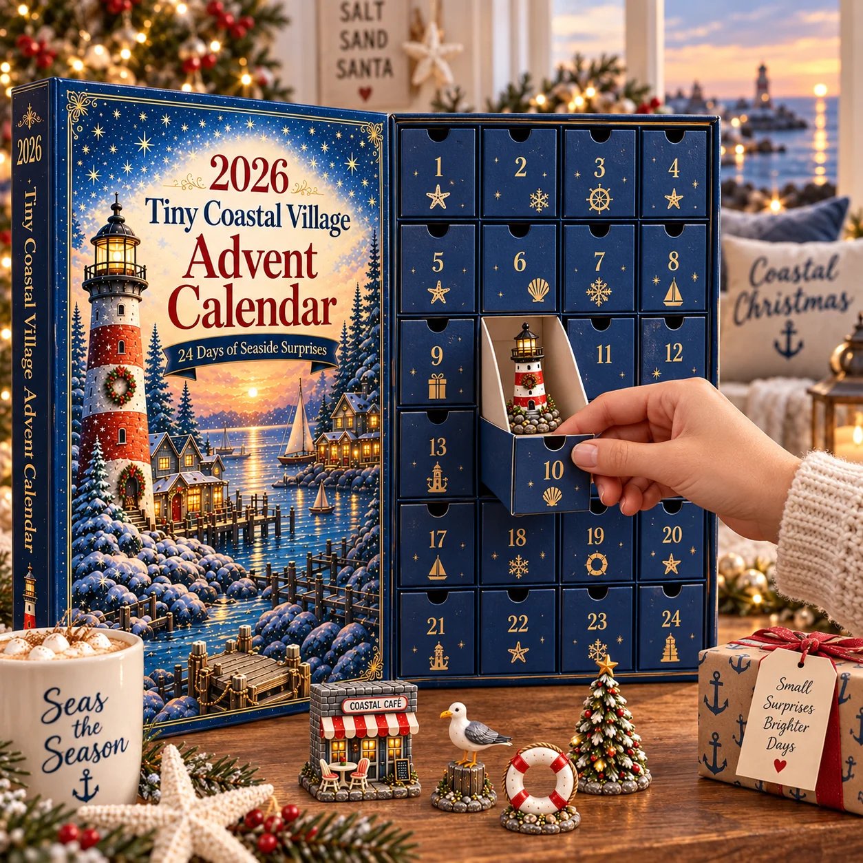 Opening a numbered calendar compartment to reveal a lighthouse ornament