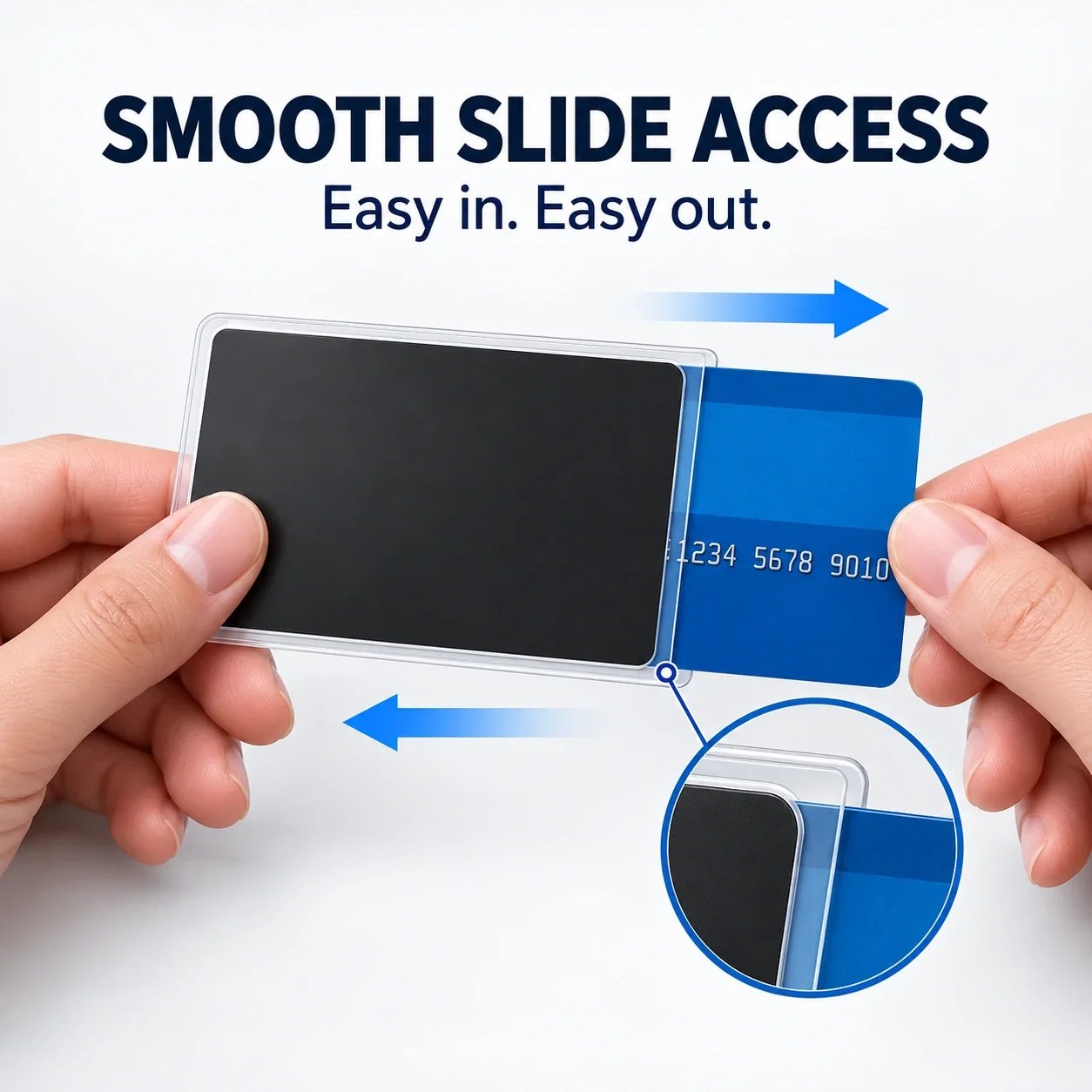 Card sliding smoothly in and out of the privacy sleeve Card sliding smoothly in and out of the privacy sleeve