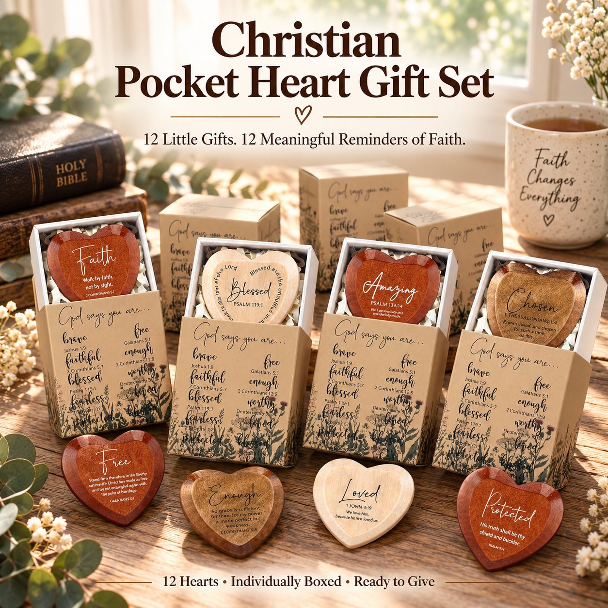 Wooden Christian pocket hearts with inspirational gift boxes