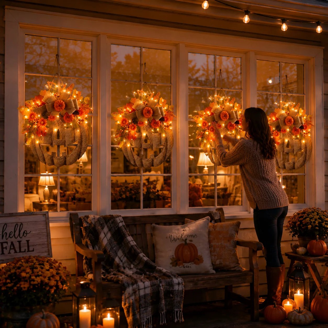 Remote-controlled lighted pumpkin wreath