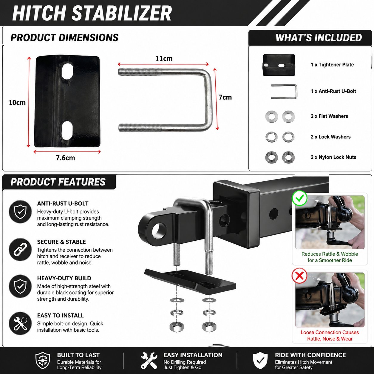 Trailer hitch stabilizer dimensions package contents and compatible installation
