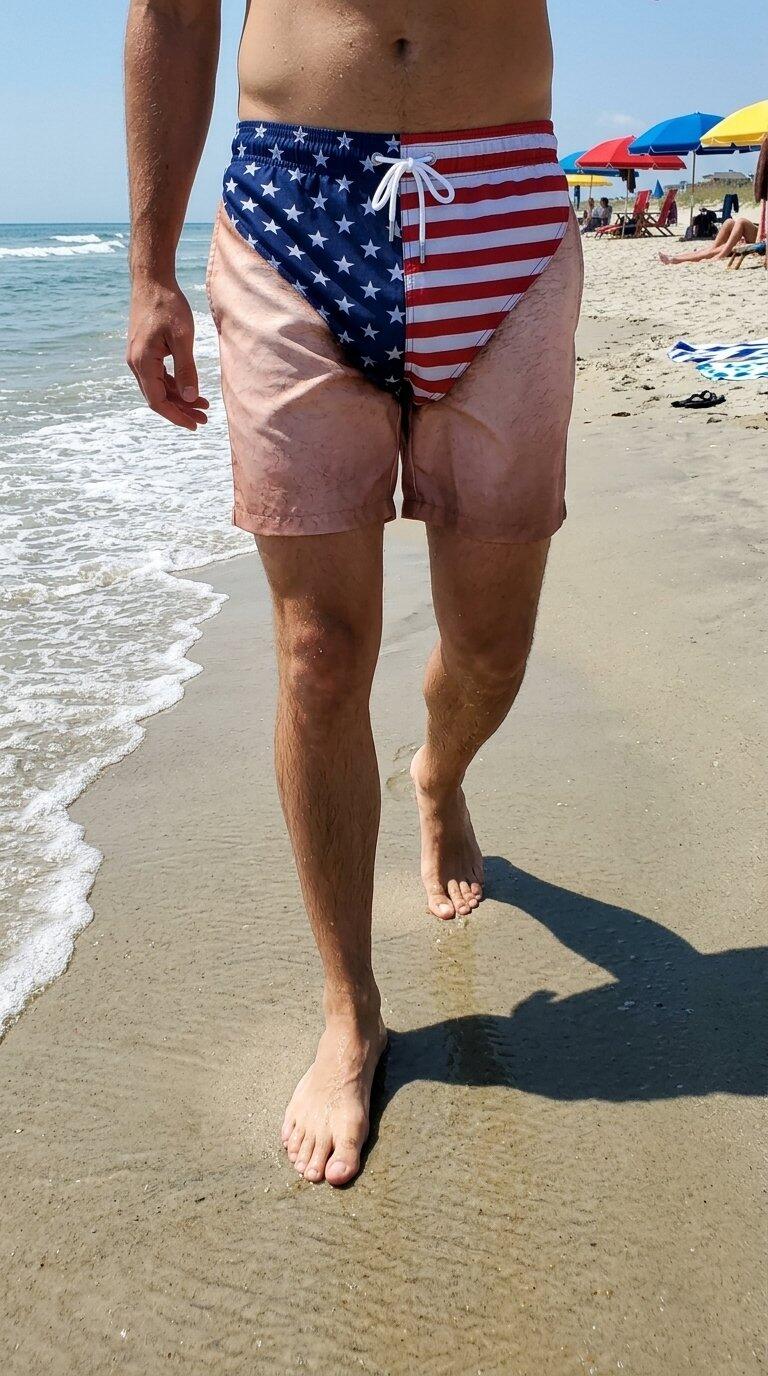 Funny patriotic swim trunks lifestyle photo
