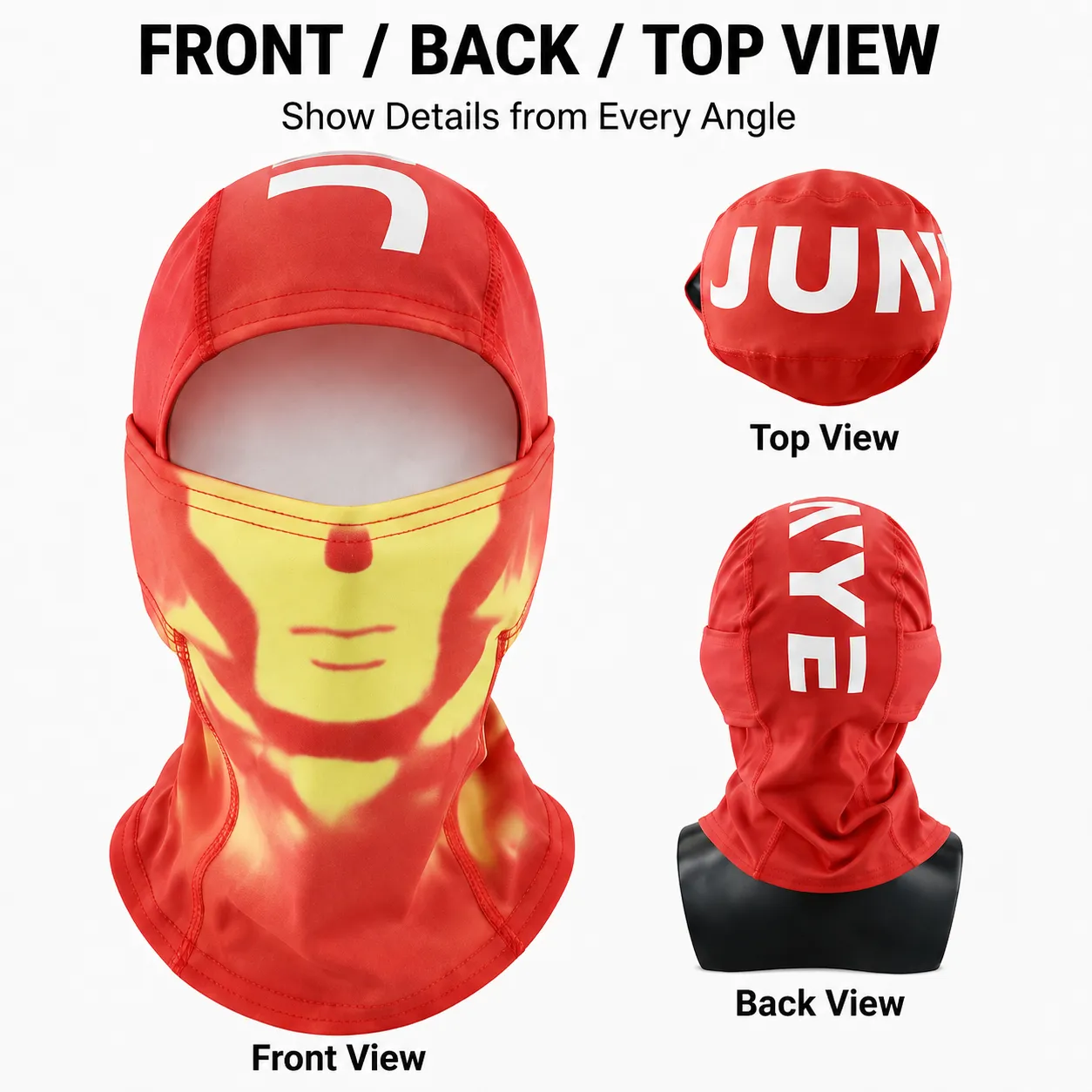 Front back and top view of the balaclava
