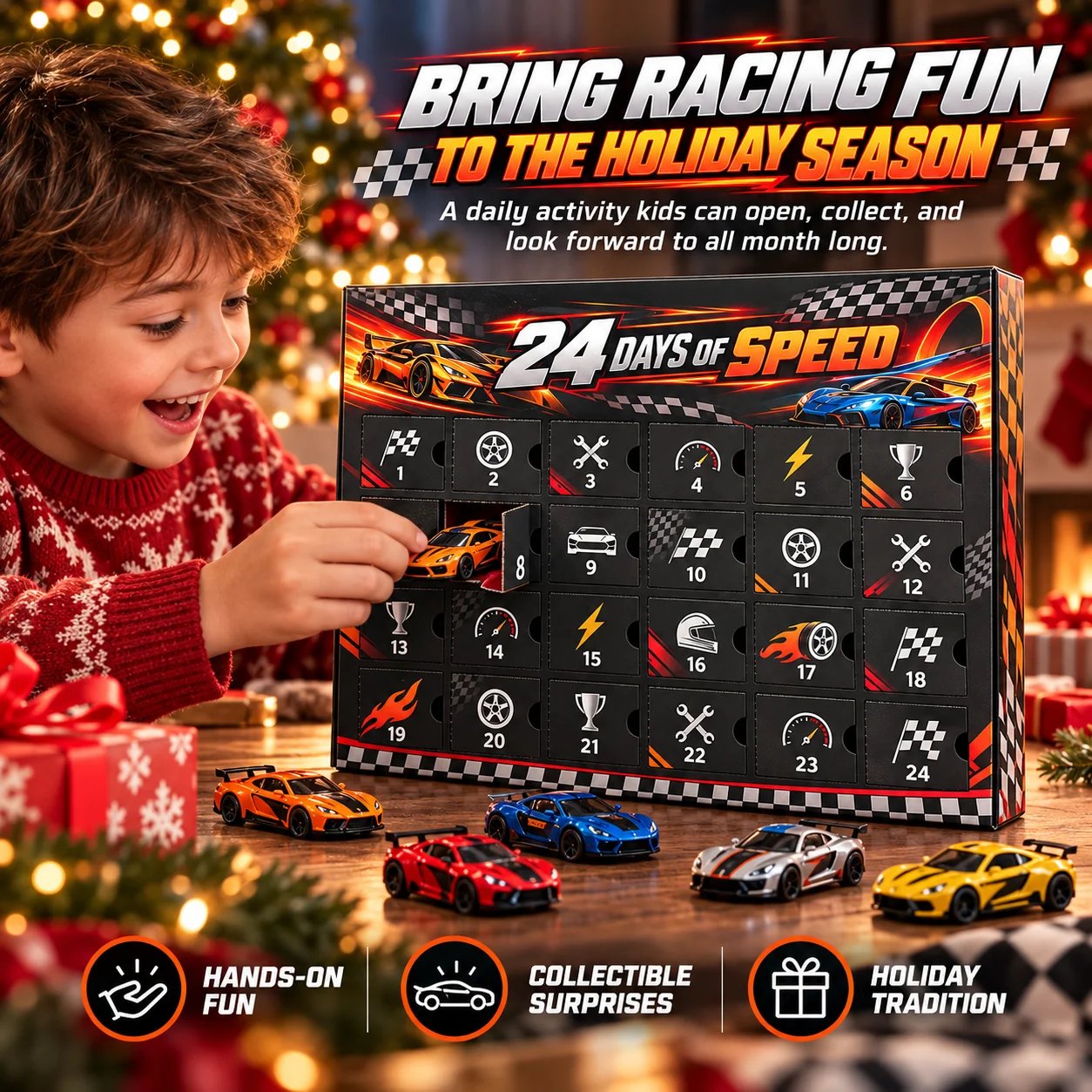 🏎️ RaceRush™ 24-Day Racing Advent Calendar features