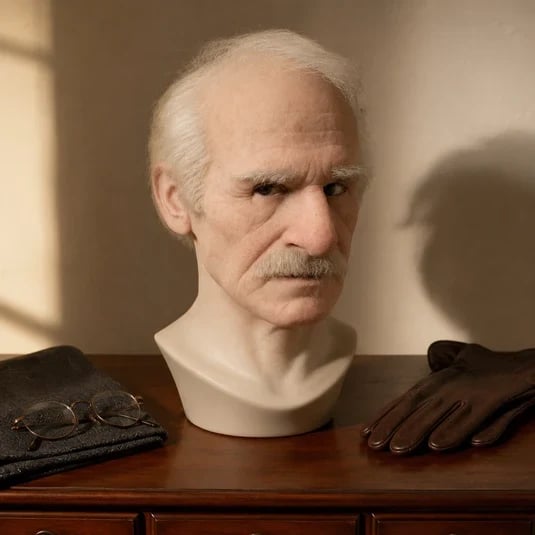 Elderly-character mask displayed with costume accessories