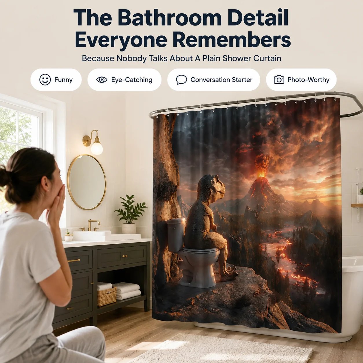 Funny eye-catching dinosaur bathroom shower curtain