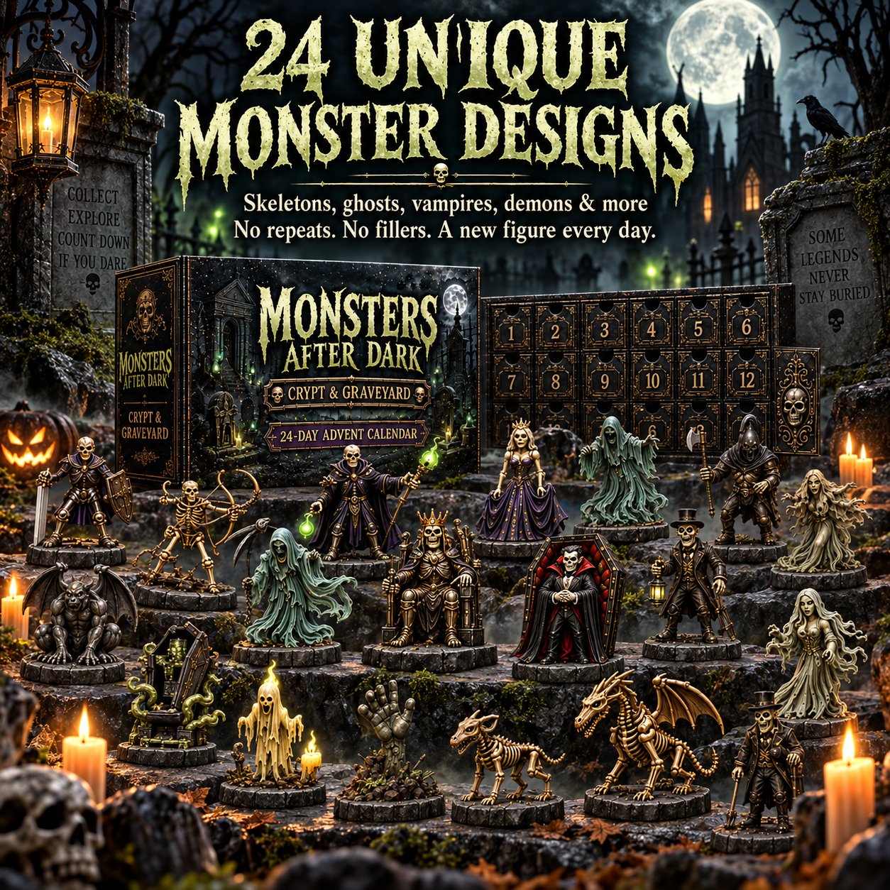 The collection of skeletons, ghosts, vampires and other miniature monsters