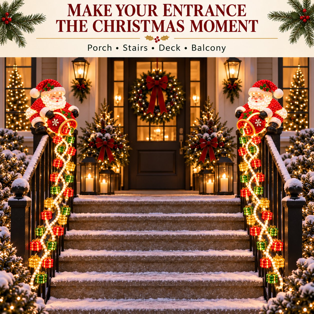 Santa gift cascade railing light decorating a Christmas entrance