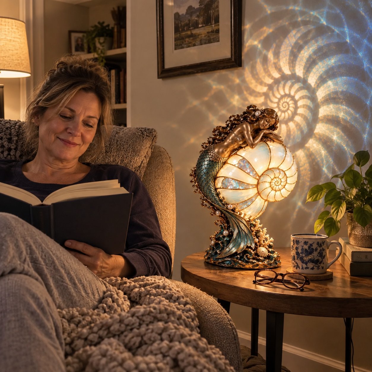 Customer reading beside the illuminated mermaid lamp