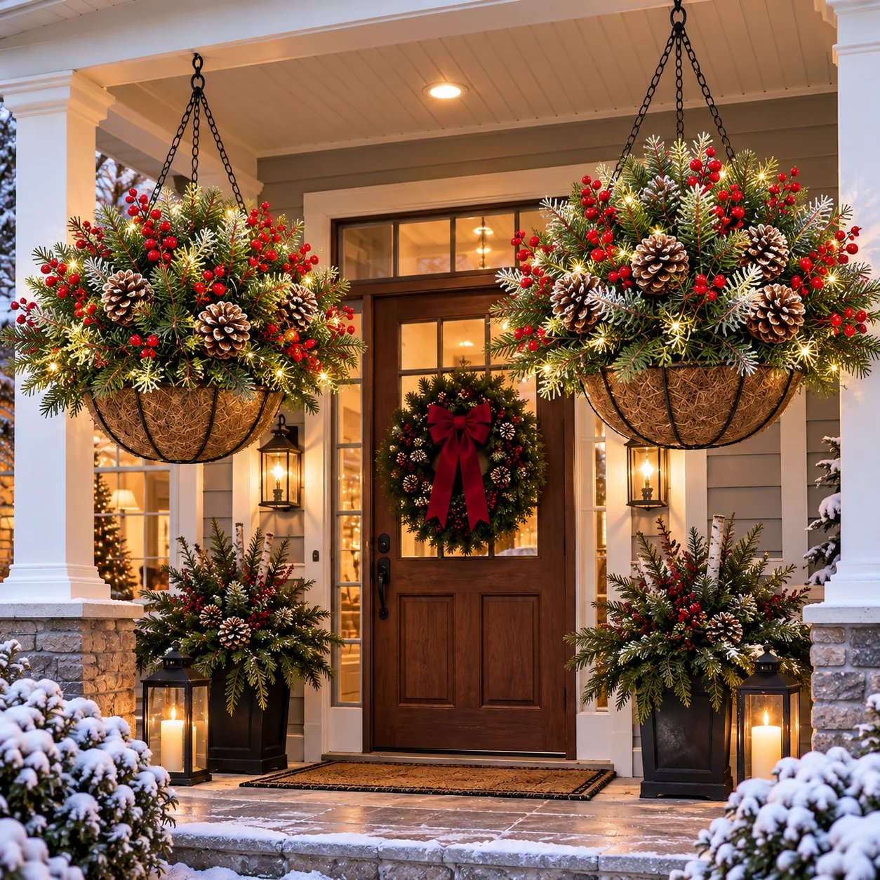 Pre-lit Christmas hanging baskets framing a front door