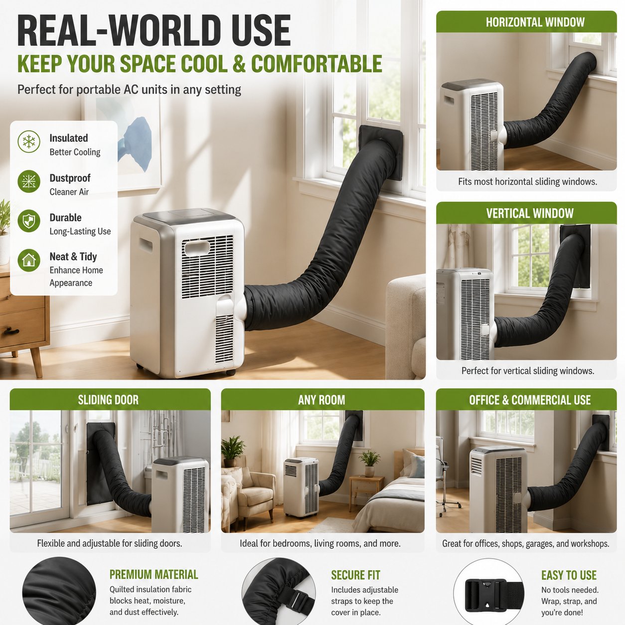 Portable AC hose cover for windows doors bedroom office and living room