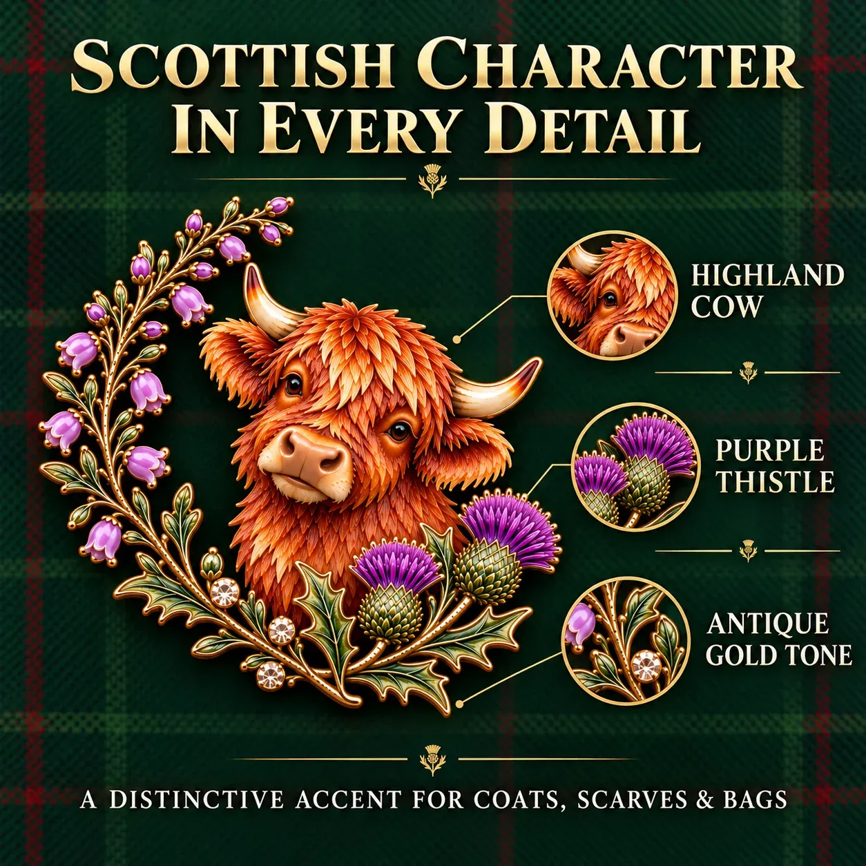 Highland cow thistle heather and crystal brooch details