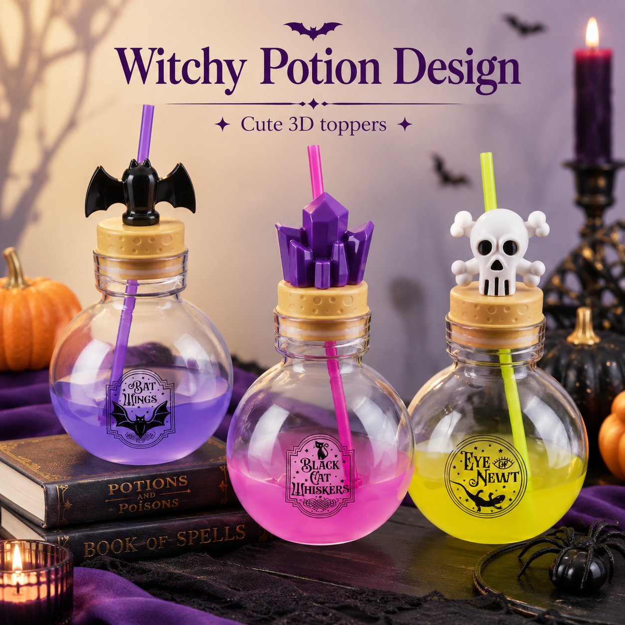 Three witchy potion drink bottle designs