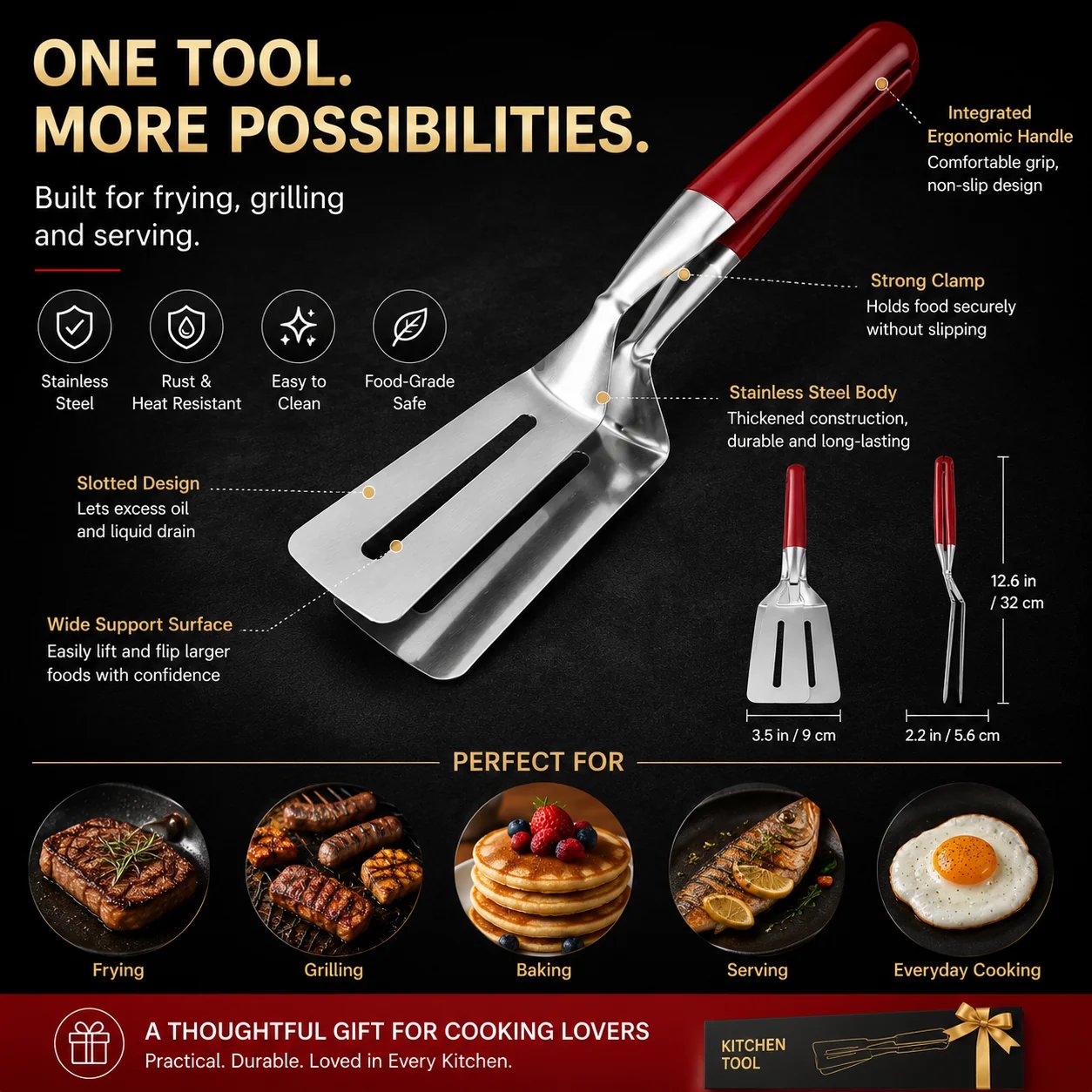 Dimensions and structure of the stainless-steel spatula tongs