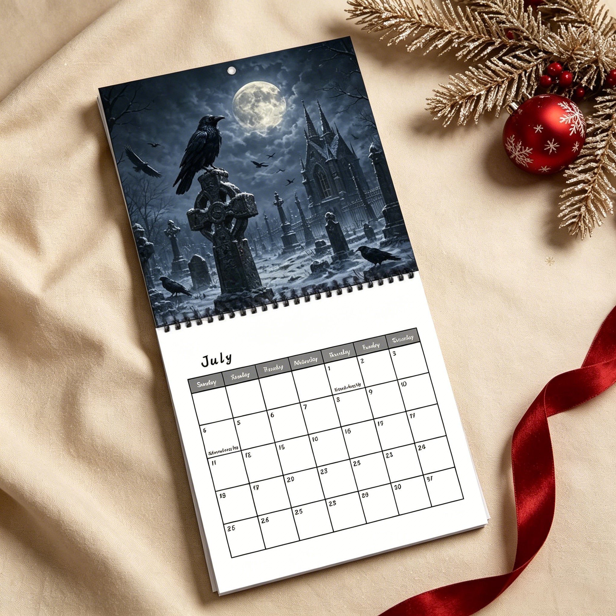 Open calendar showing moonlit raven artwork above a monthly date grid