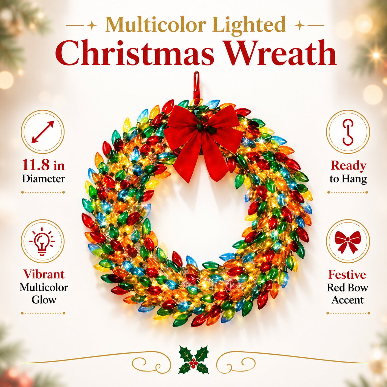 Multicolor lighted Christmas wreath with size and hanging details