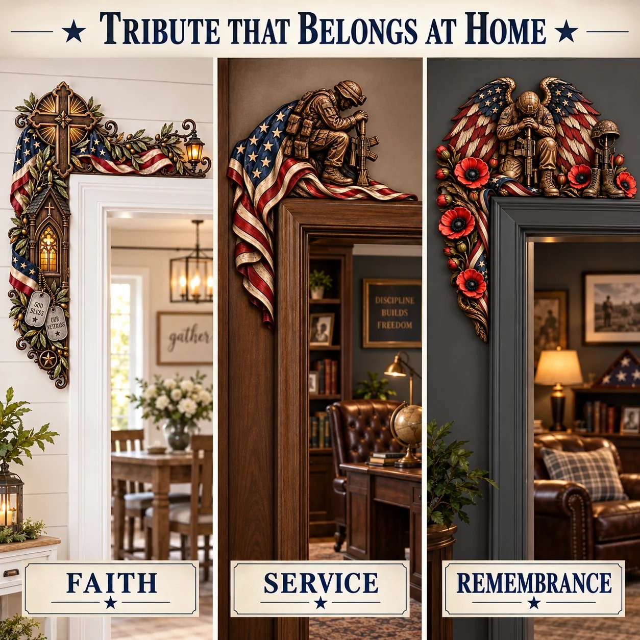 L-shaped patriotic decor positioned around a door frame corner