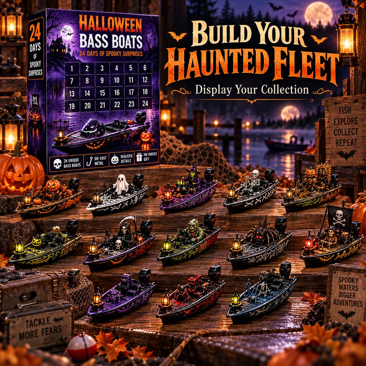 Themed boats for fishing fans and Halloween collectors