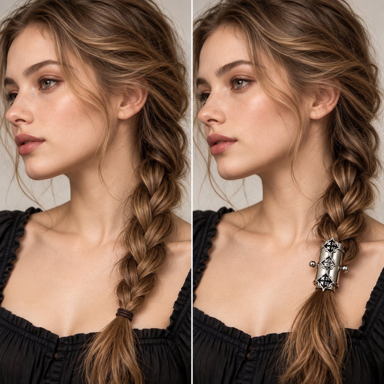White bronze cuff added to a simple braid for a more distinctive hairstyle