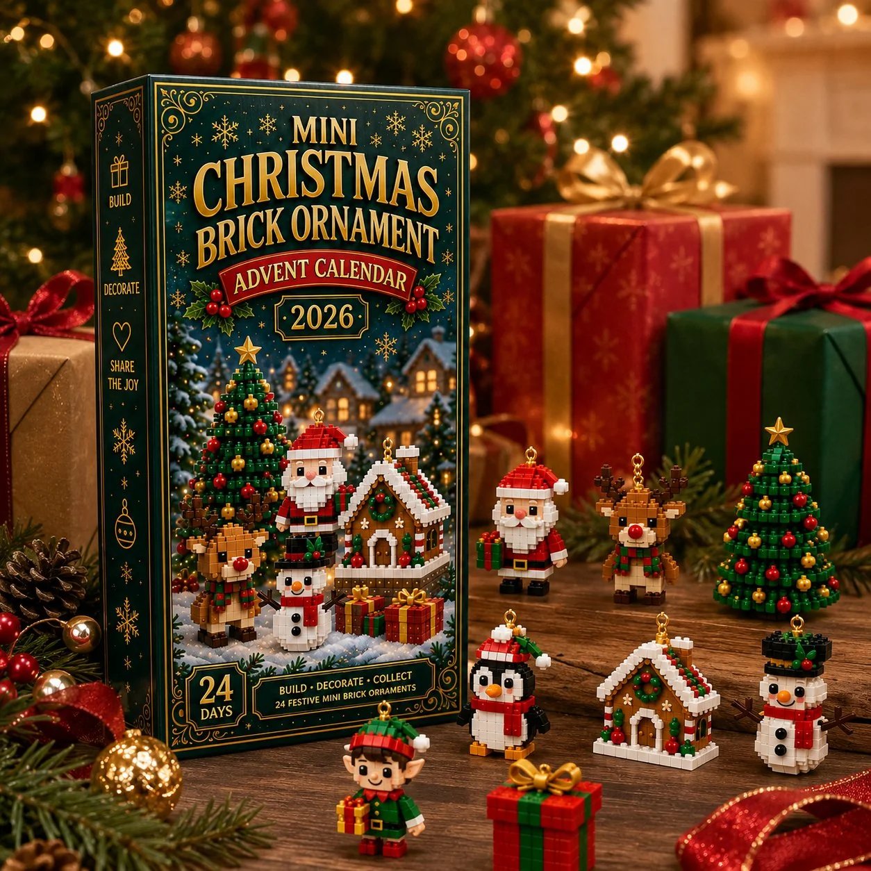 Green and gold advent calendar packaging with festive mini builds
