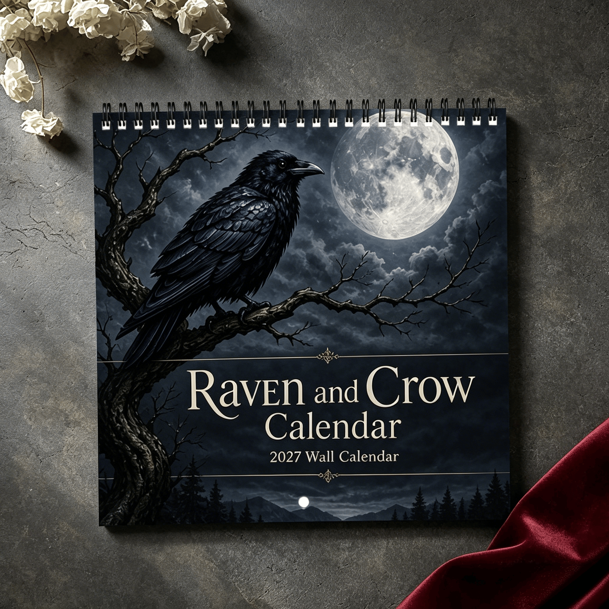 Raven and Crow 2027 calendar cover with moonlit bird artwork