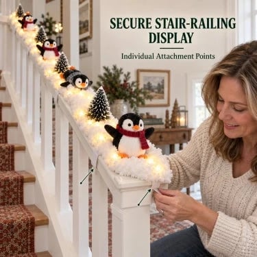 Christmas penguin staircase holiday scene