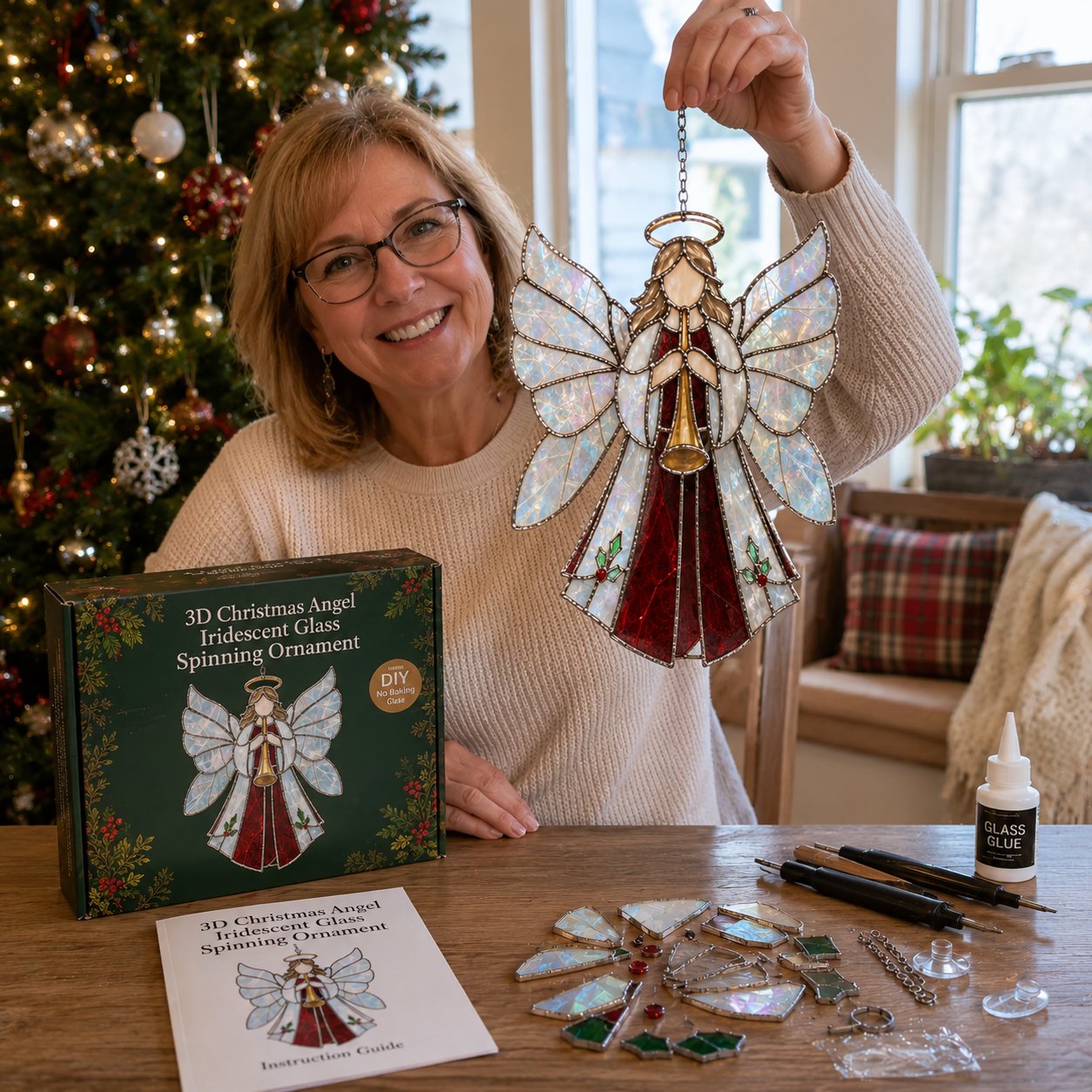 Customer proudly holding the completed Christmas Angel ornament with its matching kit