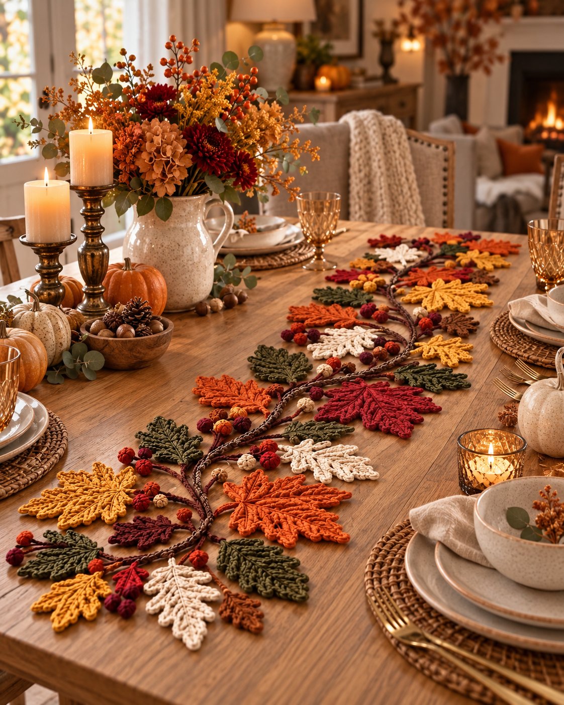Cozy autumn table with the crocheted leaf runner, pumpkins, candles and a fireplace in the background