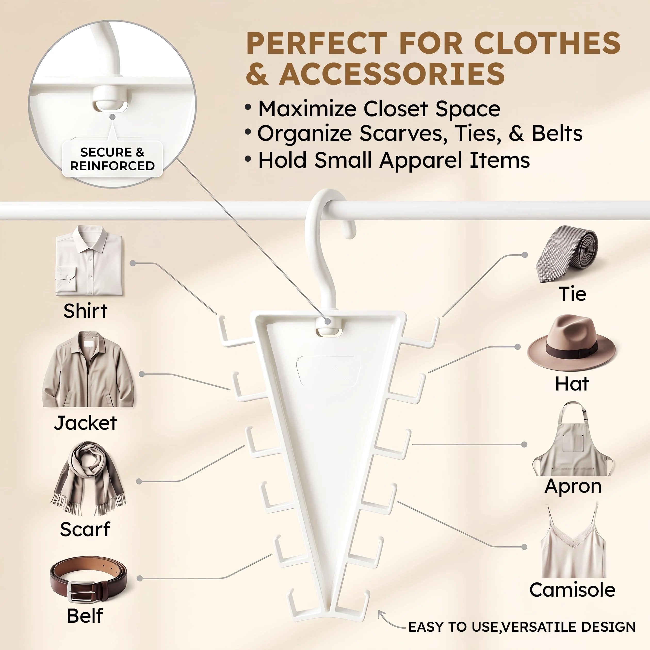 Multi-purpose V-shaped closet organizer for clothes and accessories