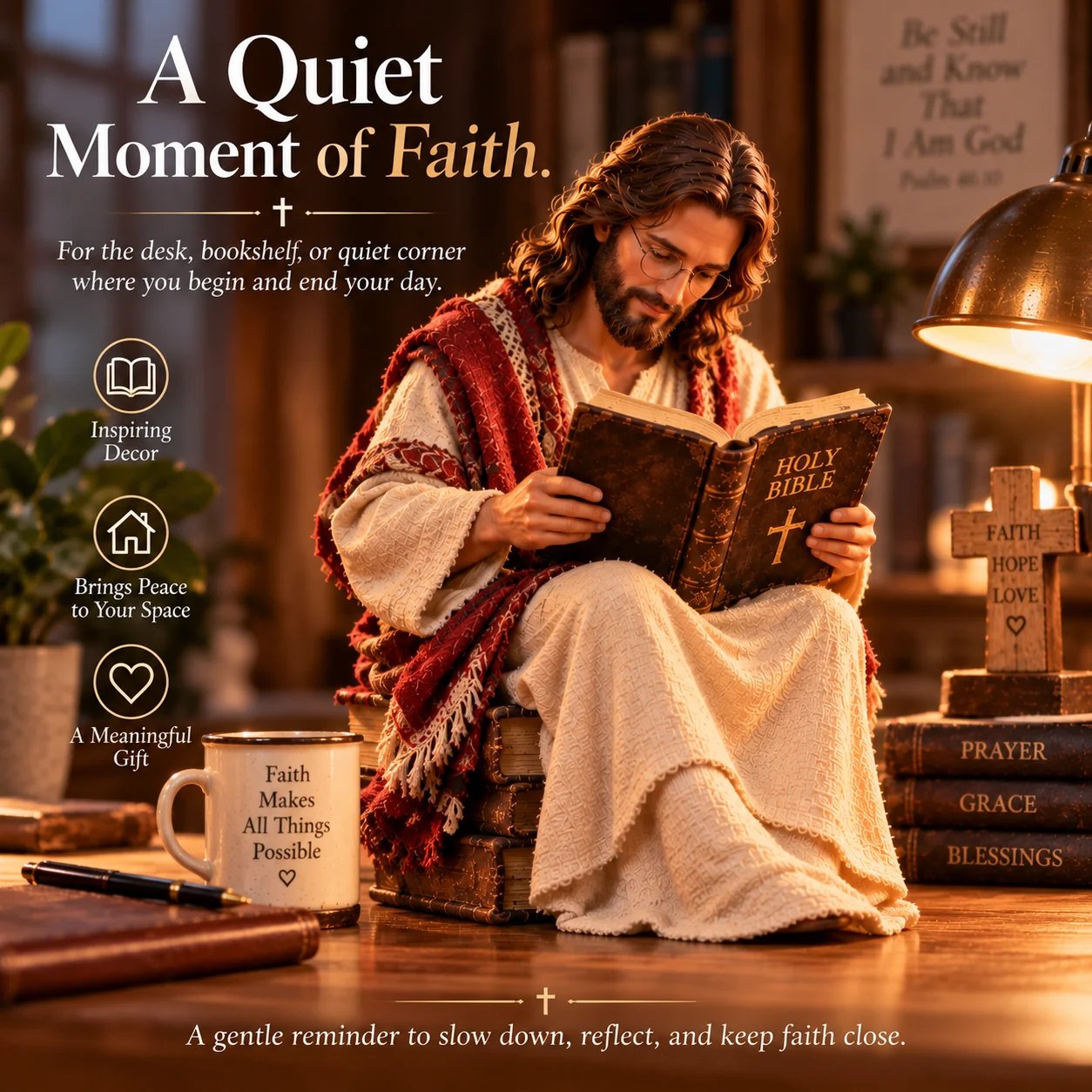 Jesus reading Bible quiet faith display