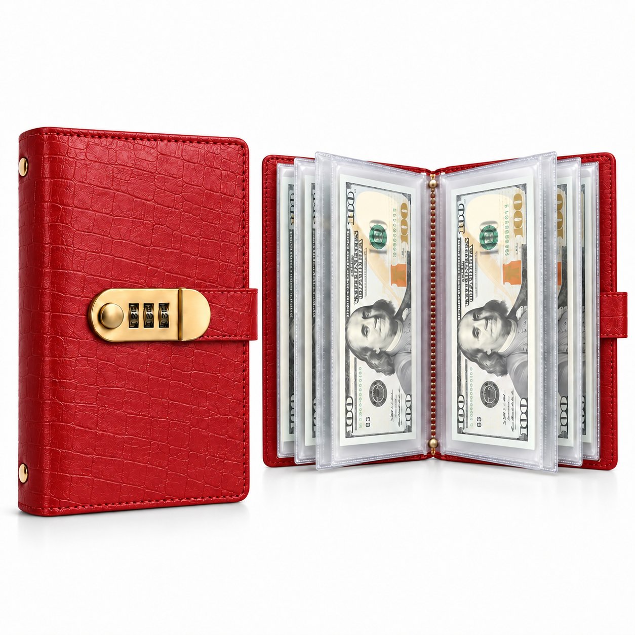 Red textured lockable cash savings organizer with clear sleeves