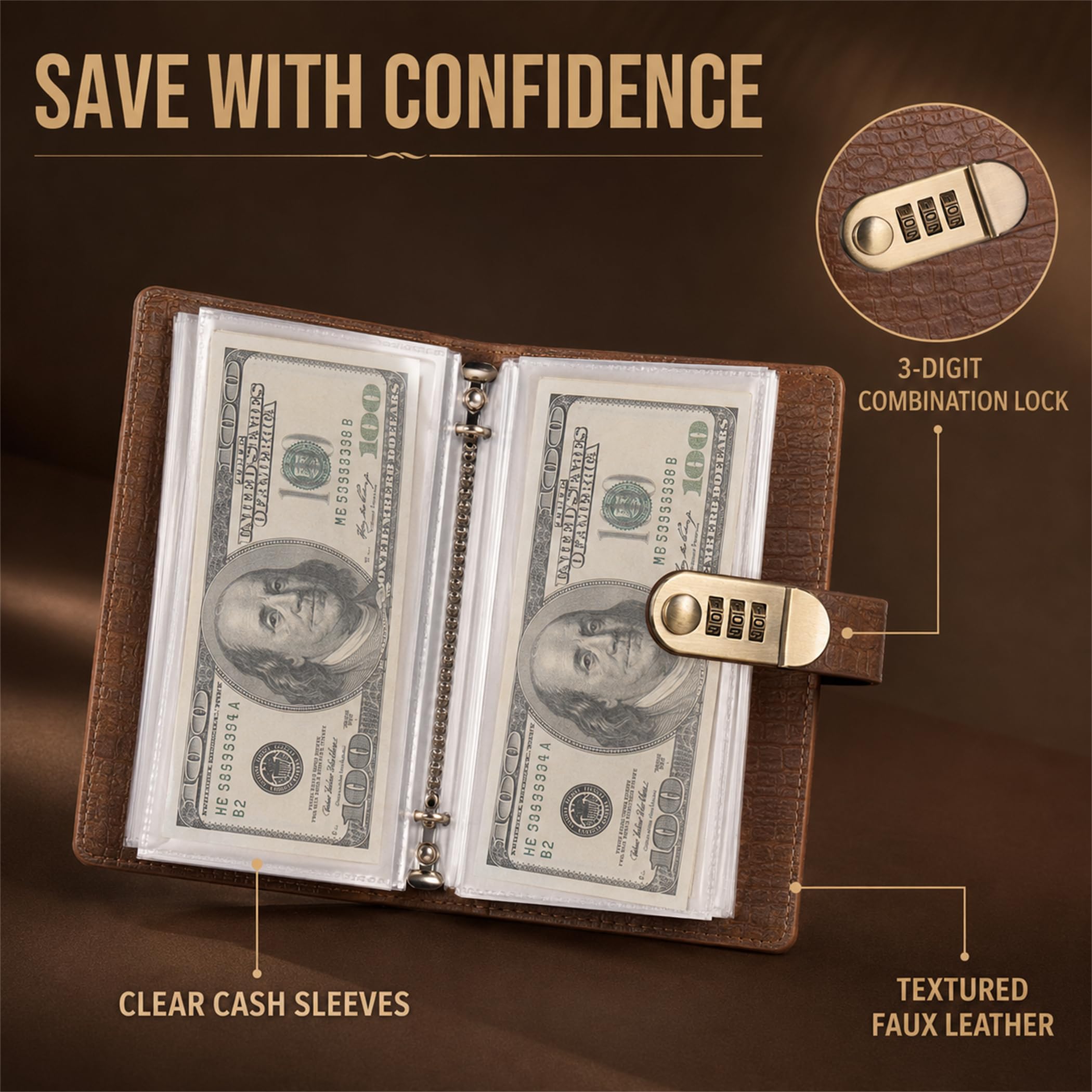Clear cash sleeves and 3-digit combination lock Open brown savings organizer with clear cash sleeves, textured faux-leather cover and combination lock