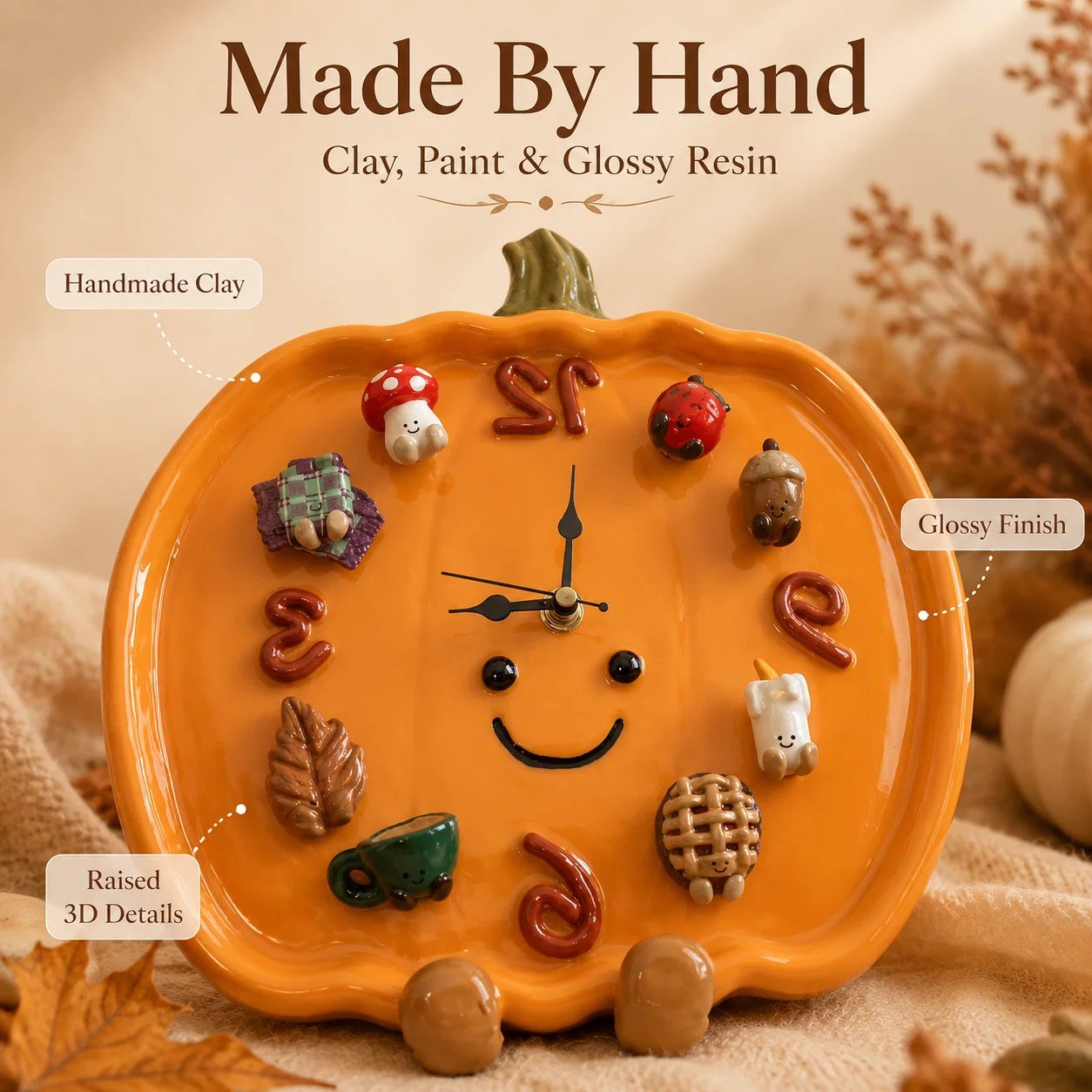Handcrafted pumpkin wall clock details