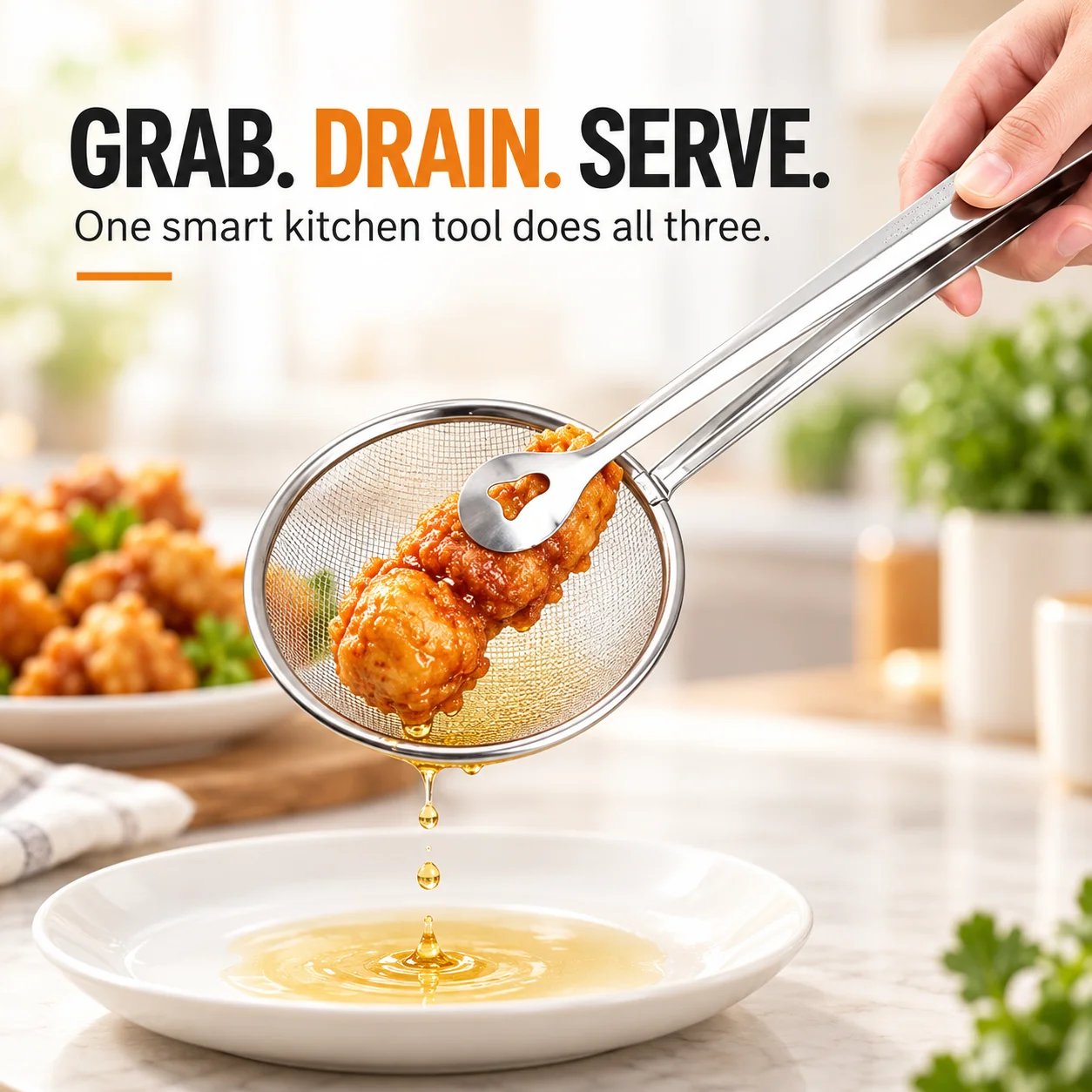 2-in-1 stainless steel strainer tongs grab drain and serve