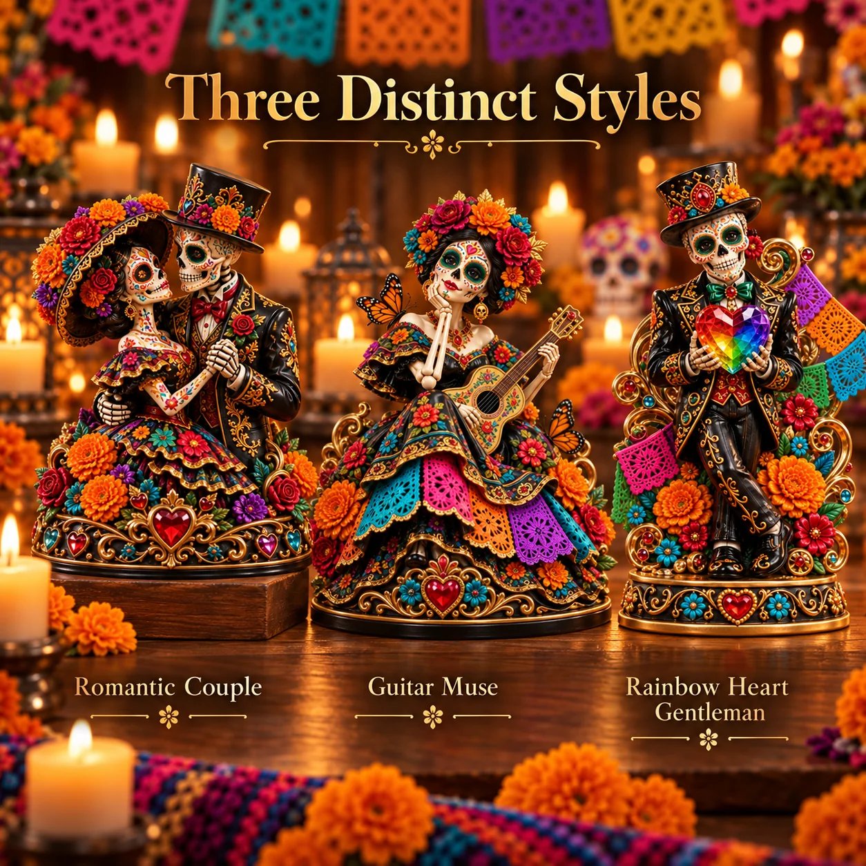 Three Catrina figurine styles