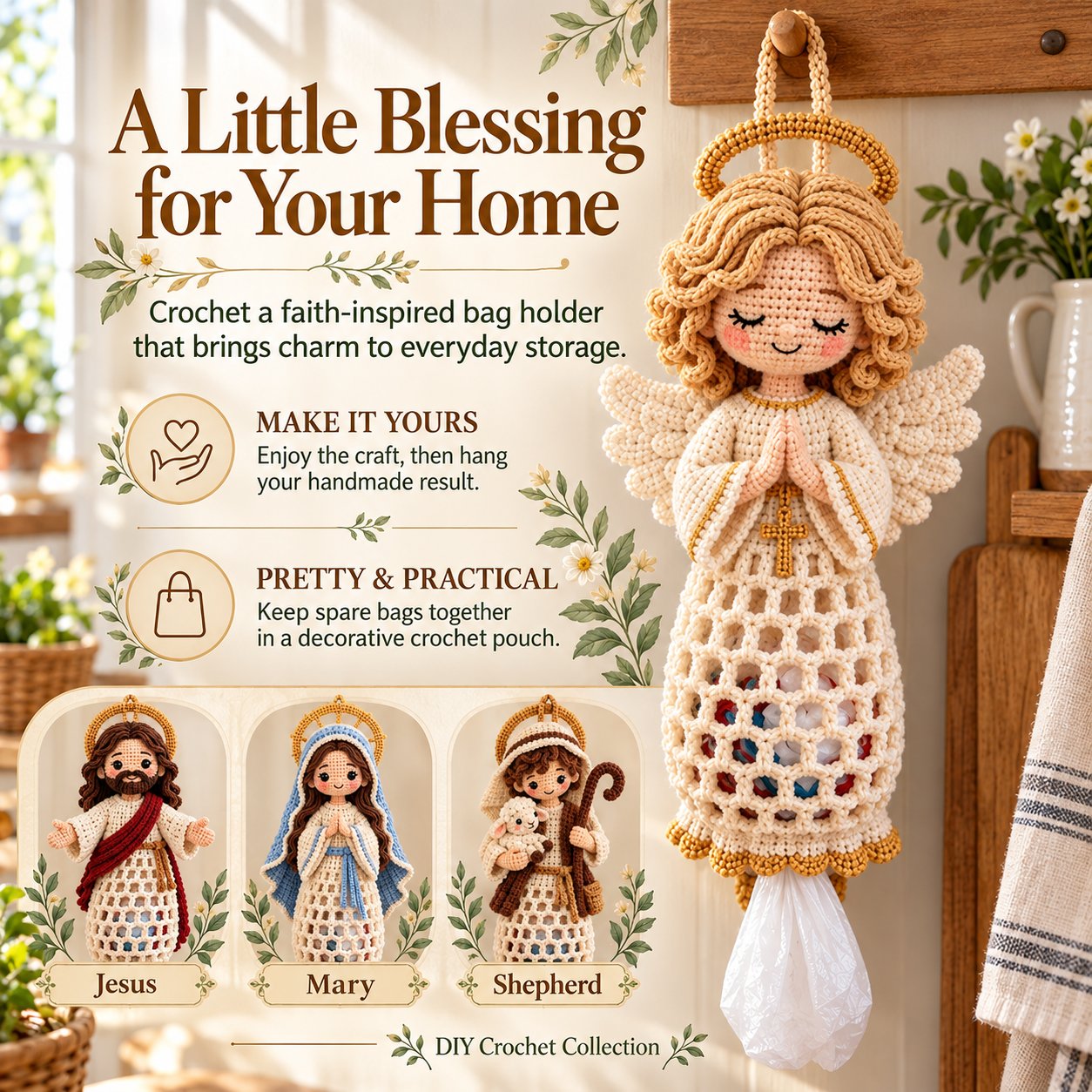 Blessed Home crochet bag holder collection main image showing the completed Guardian Angel and Jesus, Mary and Shepherd designs