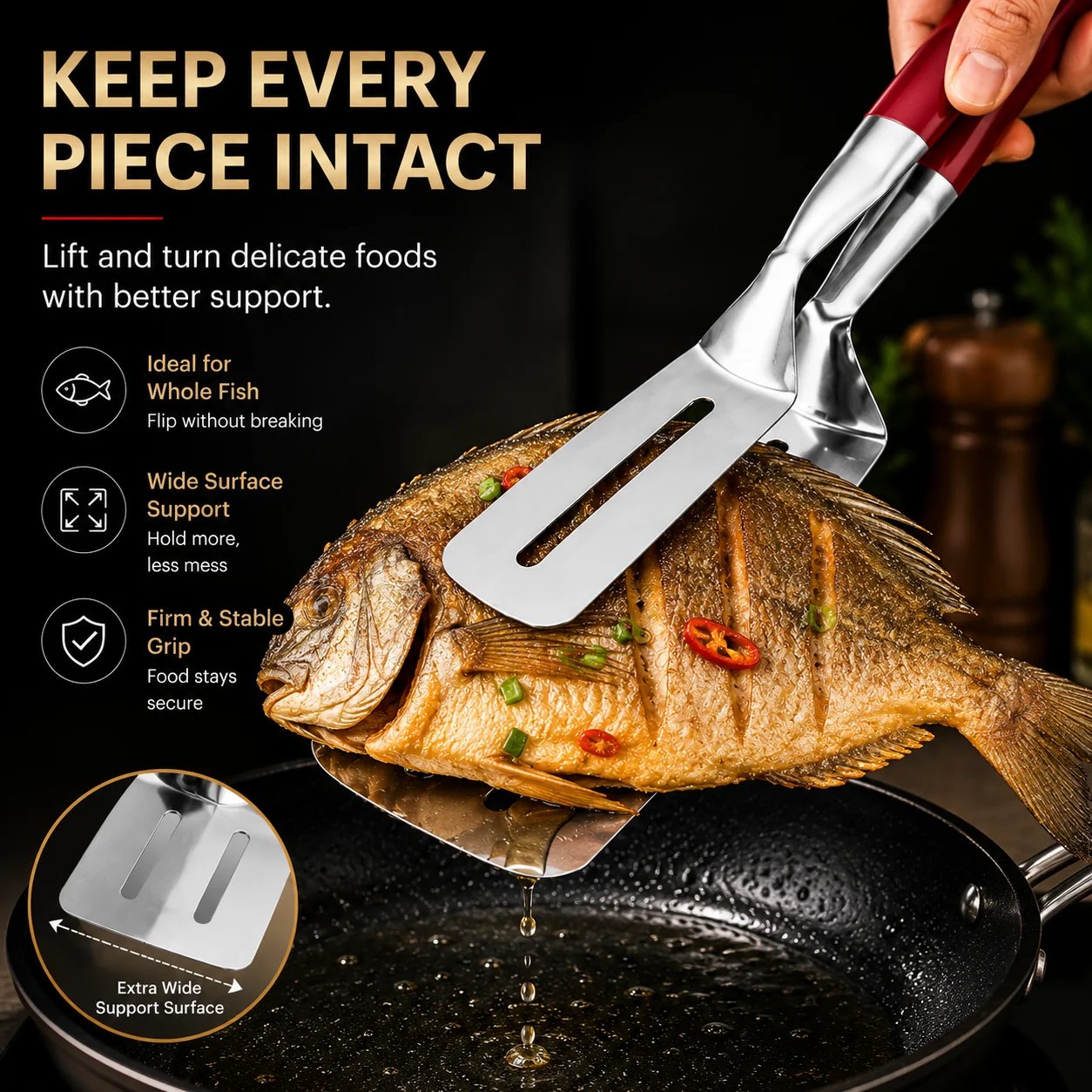 Wide spatula tongs supporting larger cooked food