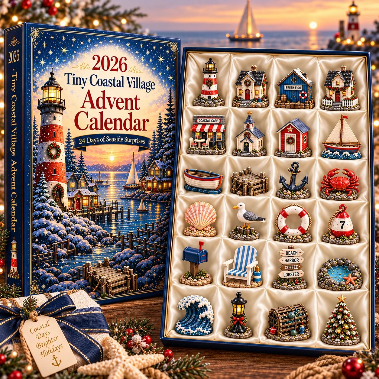 Illustrated coastal calendar box beside the full collection in its compartments