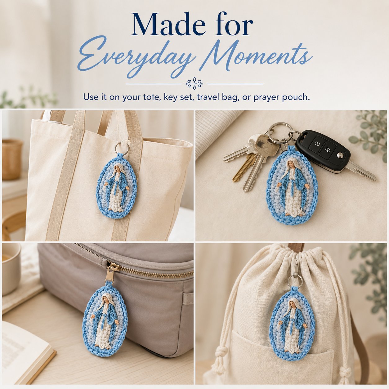 Marian crochet keepsake attached to an everyday bag