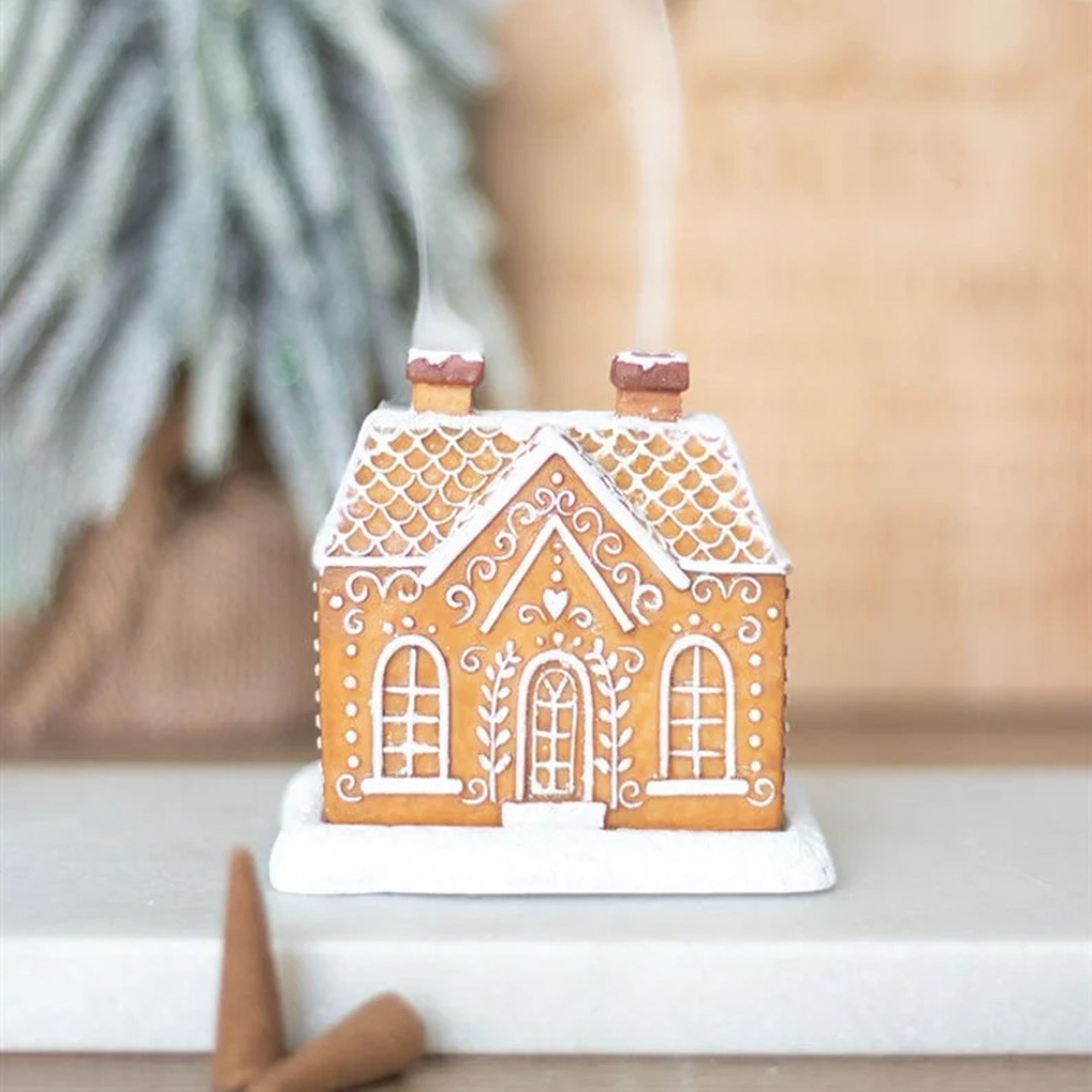 Detailed gingerbread log cabin incense burner