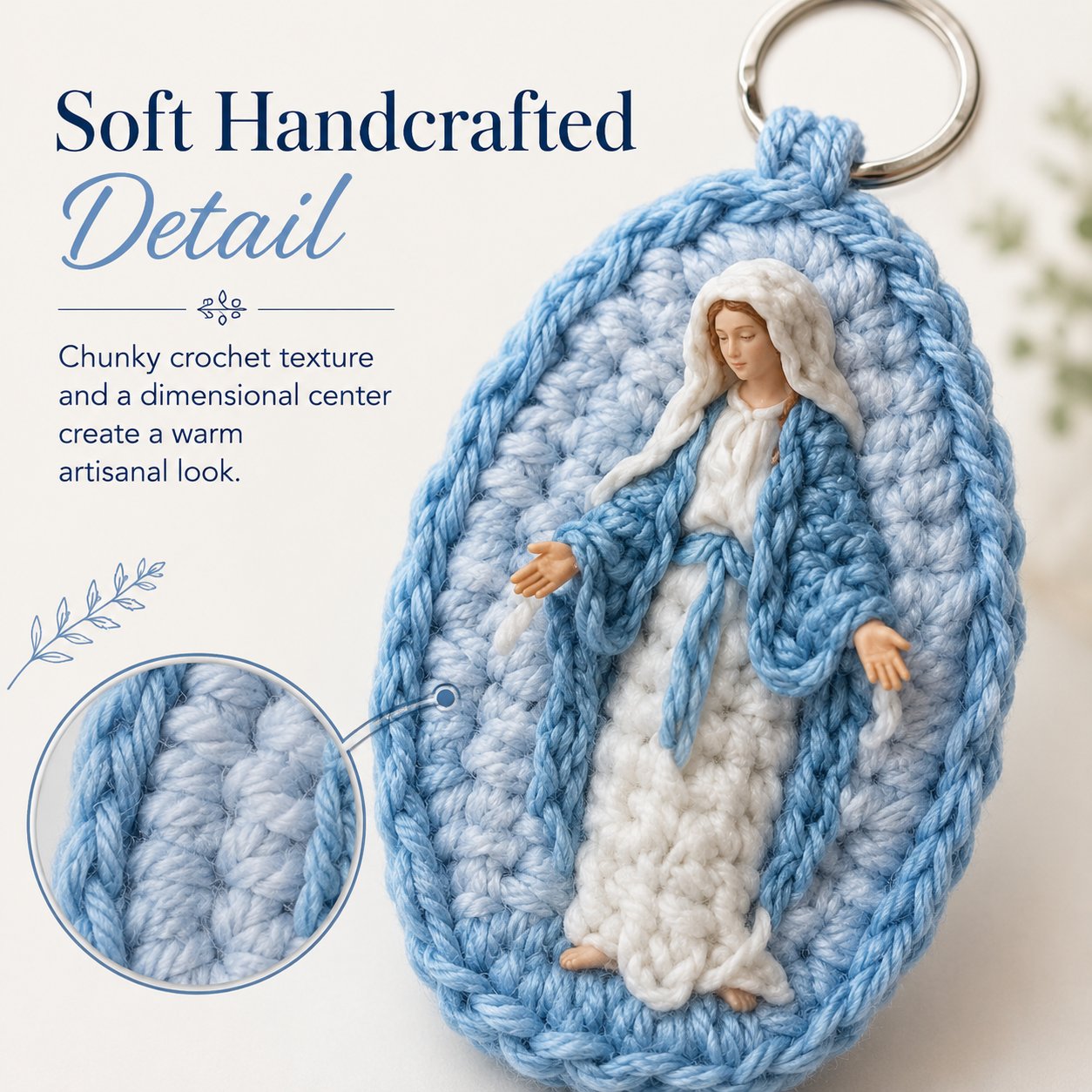 Dimensional raised Marian crochet keychain details