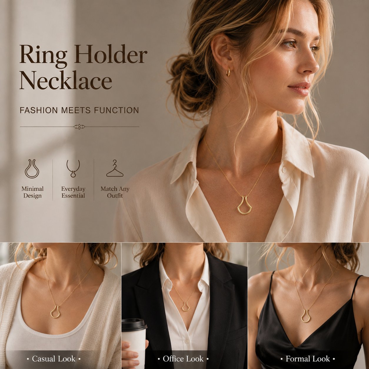 Minimalist polished ring holder necklace styled as everyday jewelry