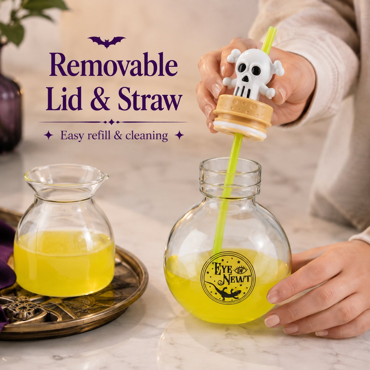 Removable lid and straw on witch potion bottle
