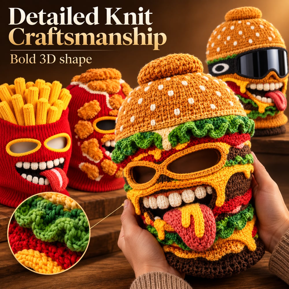 Detailed knit craftsmanship and bold food face cover designs